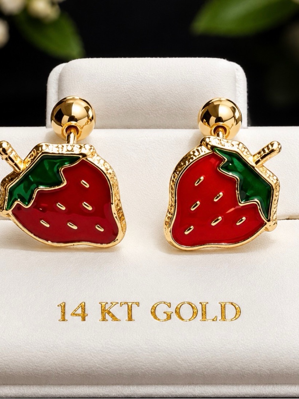 14 KT Gold Strawberry Stud Earrings - Red & Green Enamel